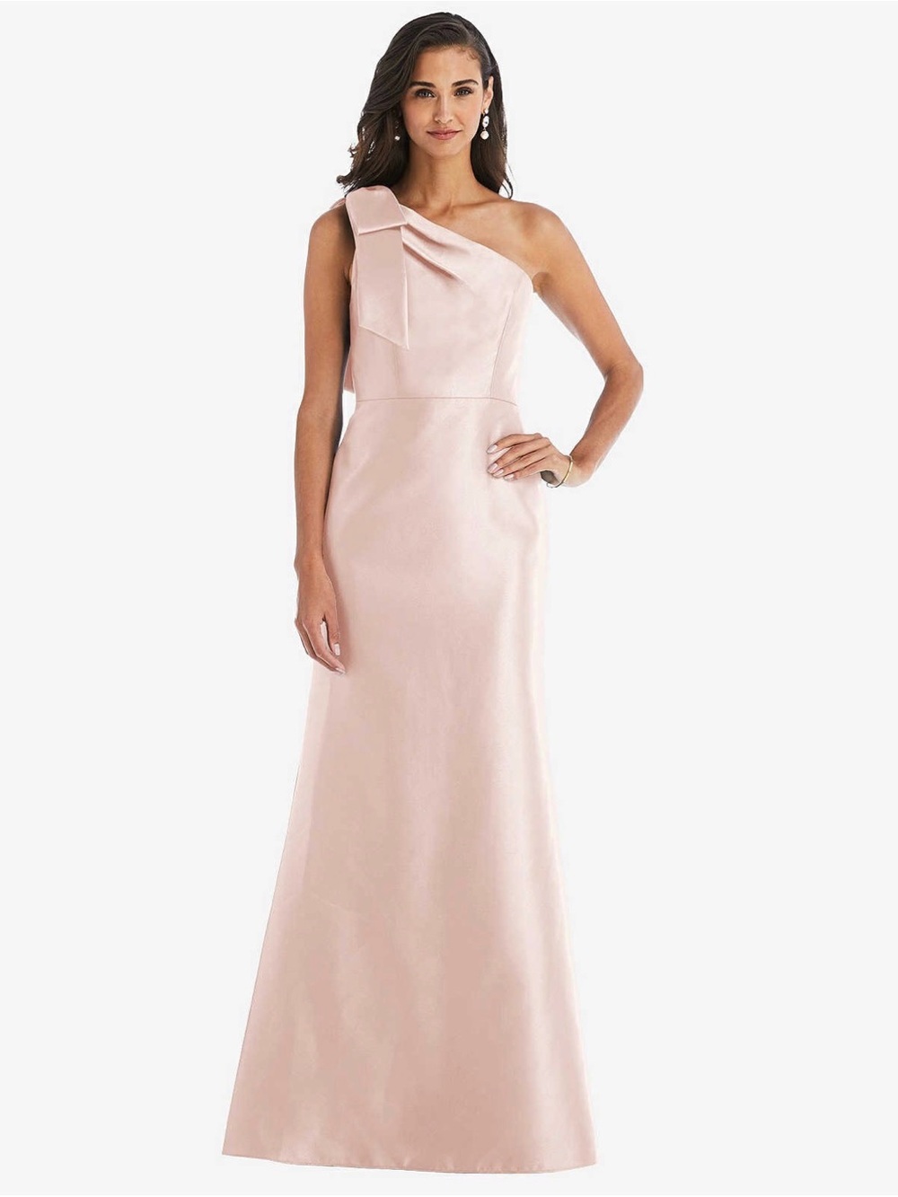 Dessy Group Blush Bow One-Shoulder Satin Trumpet Gown
